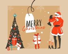 Hand Drawn Vector Abstract Fun Merry Christmas Time Cartoon Illustration With Romantic Couple Who Kissing And Hugging,xmas Tree,little Child With Gift And Typography Isolated On Craft Background