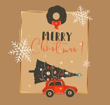 Hand Drawn Vector Abstract Merry Christmas And Happy New Year Time Vintage Cartoon Illustrations Greeting Card Template With Car And Decorated Xmas Tree Isolated On Craft Paper Background