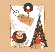 Hand Drawn Vector Abstract Merry Christmas And Happy New Year Time Vintage Cartoon Illustrations Greeting Card Template With Labrador Dog And Decorated Xmas Tree Isolated On Brown Background