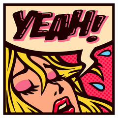 Yeah! Vintage pop art style woman screaming for pleasure comic book panel vector illustration