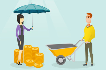 Wall Mural - Caucasian white woman with umbrella protecting bitcoin coins of young businessman. Cryptocurrency cold walle, insurance and safe storage of bitcoins concept. Vector cartoon illustration. Square layout