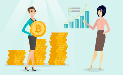 Poster - Young caucasian white business woman showing a bitcoin on the background of stacks of tokens while another woman pointing at cryptocurrency growth graph. Vector cartoon illustration. Horizontal layout