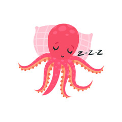 Canvas Print - Cartoon pink octopus sleeping on soft pillow. Adorable cartoon character of mollusk with six tentacles. Flat vector design for emoji sticker, greeting card or print