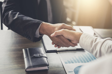 Aufkleber - Meeting and greeting concept, Two confident Business handshake and business people after discussing good deal of Trading contract and new projects for both companies, success, partnership, co worker