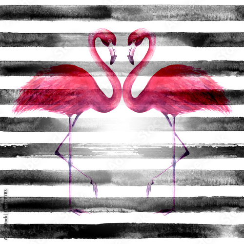 Naklejka dekoracyjna Couple of flamingos on striped background