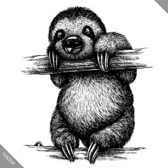 Sticker - black and white engrave isolated sloth vector illustration