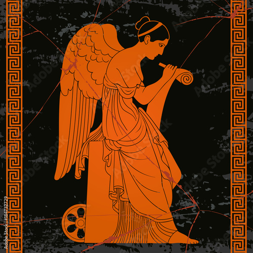 Cuadros en Lienzo Ancient Greek goddess Nemesis with wings sits, holds a papyrus and stylus and writes