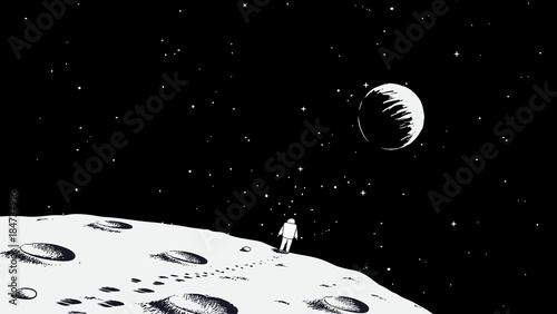 Astronaut Walking On Moon Earth Is Visible Far Away Drawing Style Space Vector Illustration Stock Vector Adobe Stock Astronaut Walking On Moon Earth Is Visible Far Away Drawing Style Space Vector Illustration Stock Vector Adobe Stock