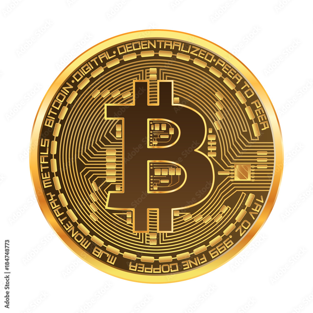 Crypto currency golden coin with golden bitcoin symbol on obverse isolated  on white background. Vector illustration. Use for logos, print products,  page and web decor or other design. Stock Vector | Adobe