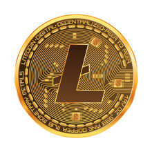 Crypto Currency Golden Coin With Gold Litecoin Symbol On Obverse Isolated On White Background. Vector Illustration. Use For Logos, Print Products, Page And Web Decor Or Other Design.