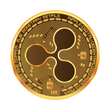 Crypto Currency Golden Coin With Gold Ripple Symbol On Obverse Isolated On White Background. Vector Illustration. Use For Logos, Print Products, Page And Web Decor Or Other Design.