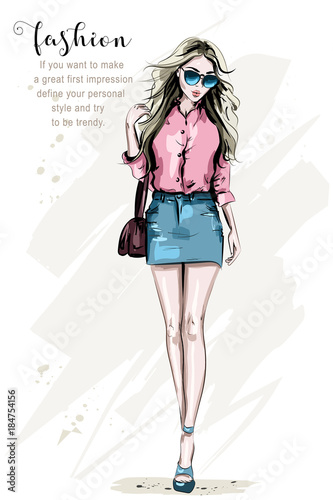 Fashion Model Posing Hand Drawn Stylish Woman In Fashion Clothes Beautiful Young Woman With Bag Cute Girl In Sunglasses Sketch Stock Vector Adobe Stock