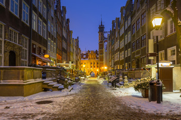 Beautiful Mariacka street in Gdansk at snowy winter, Poland