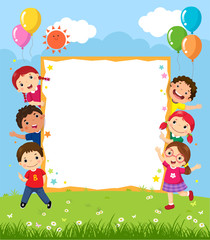 Sticker - happy smiling group of kids showing blank board