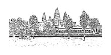 Angkor Wat Temple, Cambodia. Hand Drawn Sketch Illustration In Vector.