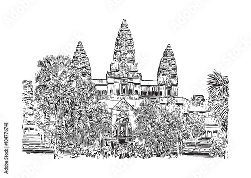 Angkor Wat Temple, Cambodia. Hand drawn sketch illustration in vector ...