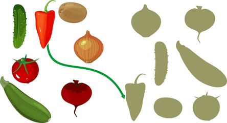 Poster - Educational children matching game for children of preschool age. Find the right shade. Vegetables and their shapes.