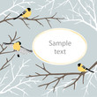 Card with birds on tree twigs. Pastel color gamut, winter narural decor. Vector illustration.