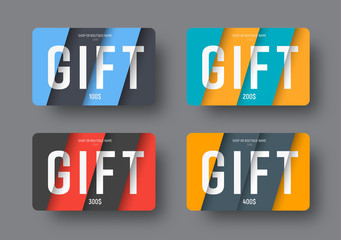 Poster - Set of vector gift cards in a modern style of material design with soaring diagonal sheets of paper over the background