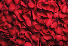 Red Roses Petals Top View, Copy Space On Wooden Background. Love Letter, Valentines Day Concept