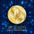 Bitcoin. Physical bit coin. Digital currency. Cryptocurrency. Golden coin with bitcoin symbol