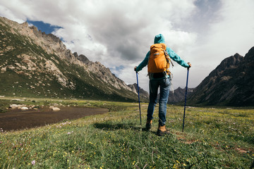 Wall Mural - one backpacking woman hiking in the high altitude mountains