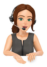 3D Call Center Operator With Headphones Pointing Down