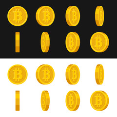 Gold Rotate Bitcoin Frames Set for Animation on Black and White Background. Vector