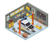 Modern Isometric Car Workshop Garage Interior Design in isometric view