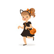 © topvectors - Little girl dressed as a black cat, cute kid in halloween costume vector Illustration
