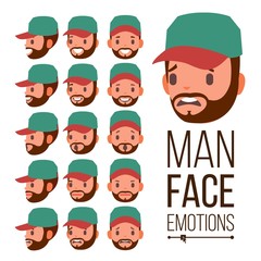 Wall Mural - Man Emotions Vector. Face Male Variety Of Emotions. Different Facial Expressions. Isolated Flat Cartoon Illustration