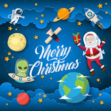 Cute Space Theme Merry Christmas And Happy New Year Paper Art Card Illustration