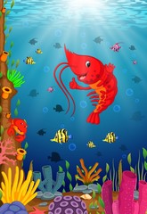 Wall Mural - Cartoon tropical lobster with beautiful underwater world