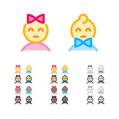 Cute girl with bow and boy with bowtie modern outline icons in different colors. Man and woman sexes signs. Funny kids emoji. Female and male genders icons.