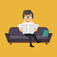 Businessman Reading A Newspaper On The Sofa In A Room Or Office. Flat Cartoon Vector Illustration