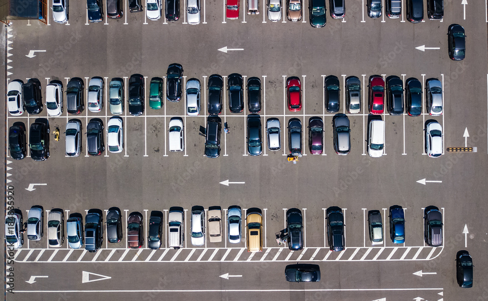 Aerial top view of parking lot with many cars from above, city ...