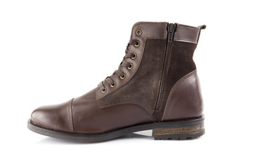 Male brown leather boot on white background, isolated product, comfortable footwear.