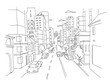 City street linear perspective sketch road view. Cars end buildings. Hand drawn vector stock line illustration.