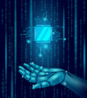 © LuckyStep - Robot android hand hold processor cpu. Low poly polygonal particle point line geometric render. Computer high science microchip future technology analysis concept blue binary code vector illustration
