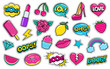 Set of cute fashion patches, strawberry, lipstick, ice-cream, donut, shoe, rose, diamond, lips, watermelon, cherry, cupcake, speech bubbles etc. Cartoon stickers, 80s-90s style. Vector illustration