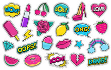 Set Of Cute Fashion Patches, Strawberry, Lipstick, Ice-cream, Donut, Shoe, Rose, Diamond, Lips, Watermelon, Cherry, Cupcake, Speech Bubbles Etc. Cartoon Stickers, 80s-90s Style. Vector Illustration