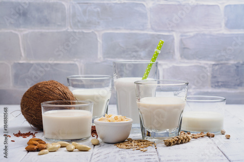 Poster Assortment of non dairy vegan milk and ingredients