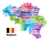 Fototapeta Mapy - Belgium map showing  the provinces and administrative subdivisions (municipalities), colored by arrondissements. Flag of Belgium