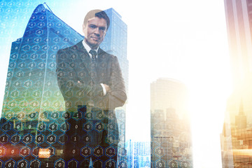 Poster - Smiling businessman with binary code