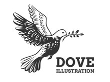 Dove Of The World - A Pigeon In Flight With A Twig Of A Olive Branch - Logo, Emblem, Illustration Design On A White Background.