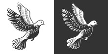 Isolated Dove (pigeon) In Flight - Logo, Emblem, Illustration Design On A Black And White Background.