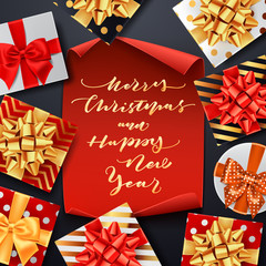 Wall Mural - Merry Christmas, realistic, paper banners with gift and lettering