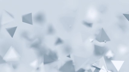 Poster - Abstract 3d rendering of chaotic low poly shapes. Computer generated flying polygonal pyramids in empty space. Futuristic motion background design with bokeh effect. 4k UHD