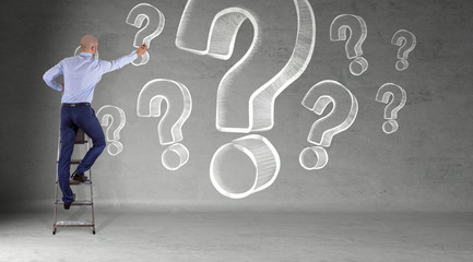 Poster - Businessman drawing question marks sketch on a wall 3D rendering