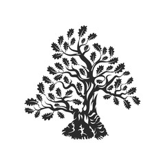 Wall Mural - Huge and sacred oak tree silhouette logo badge isolated on white background.